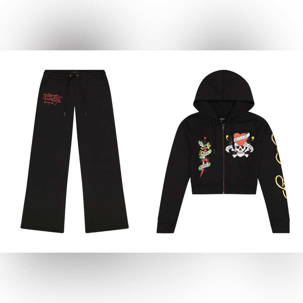 Ed Hardy Skull Black Flared Sweatpants & Zip Front Cropped Hoodie Set. Size L